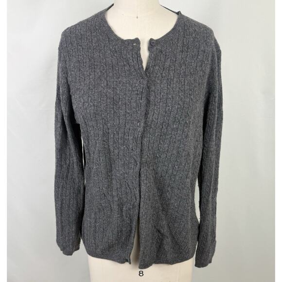 Anne Klein Sport Gray Cable Knit Cardigan Sweater XL Wool Cashmere Staple 80's - Picture 1 of 7
